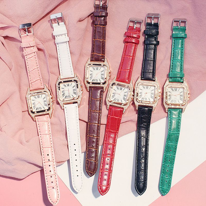 Women Diamond Watch Starry Square Dial Bracelet Watches Ladies Leather