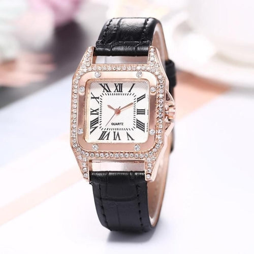 Women Diamond Watch Starry Square Dial Bracelet Watches Ladies Leather