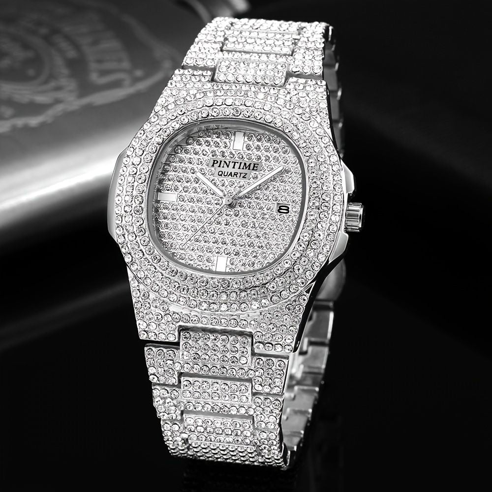 Luxury Mens/Womens Unisex Crystal Watch Bling Iced-Out Watch Oblong