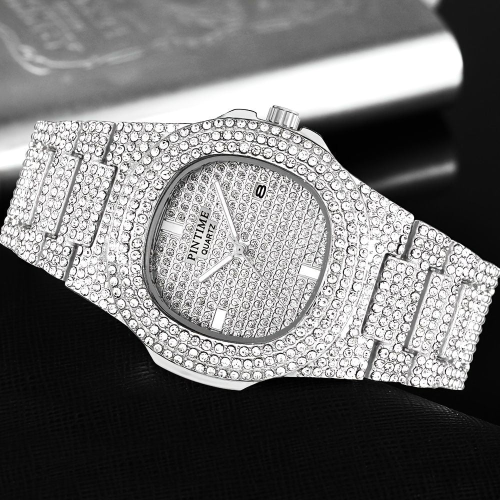Luxury Mens/Womens Unisex Crystal Watch Bling Iced-Out Watch Oblong