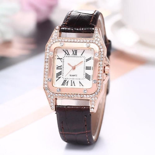 Women Diamond Watch Starry Square Dial Bracelet Watches Ladies Leather